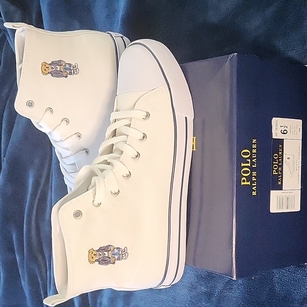 Polo Ralph Lauren White Hampton Hightop Bear Sneakers size 6.5 juniors, 9 ladies